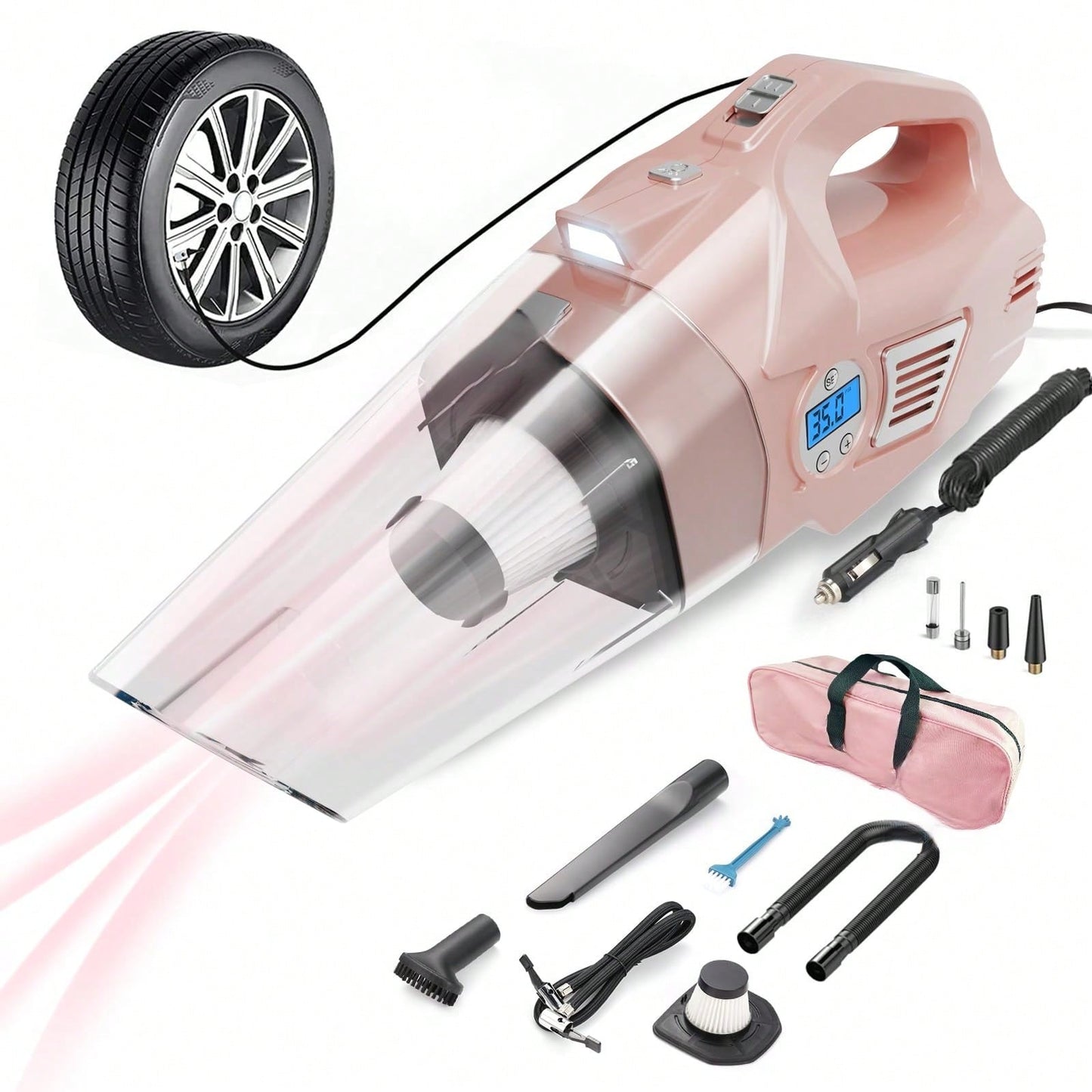 4-In-1 Car Vacuum Cleaner High Power, Gifts For Her Women Girls Mom, Pink Handheld Car Vacuum Portable Tire Inflator With Digital Tire Pressure Gauge LCD Display And Light, 12V DC, 15FT Cord