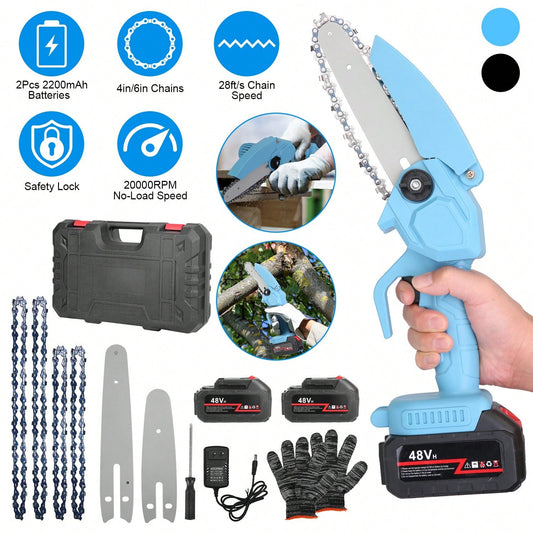 1Set Electric Mini Chainsaw Portable Handheld Cordless Small Chain Saw Battery Powered With 2Pcs 2200mAh Rechargeable Batteries 4in/6in Chains For Pruning Trees Wood Cutting,Garden Tools, Gardening Tools For Garden