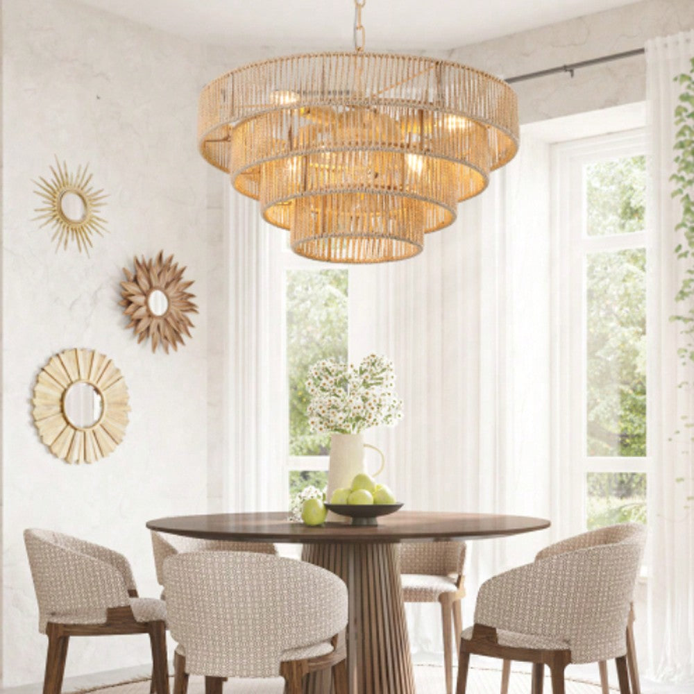 Bohemian Style Woven Pendant Light 19.7 Inch Rattan Ligh Large Rattan Pendant Light With 4-Tier Rattan Chandelier--Wood