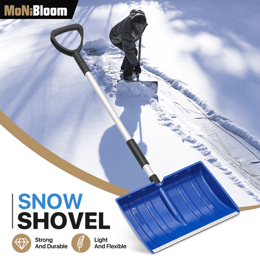 MoNiBloom Snow Shovel, Portable Wide Snow Pusher With D-Grip Handle, 16" Aluminium Snow Removal Tool For Car Outdoor Camping Garden, Blue