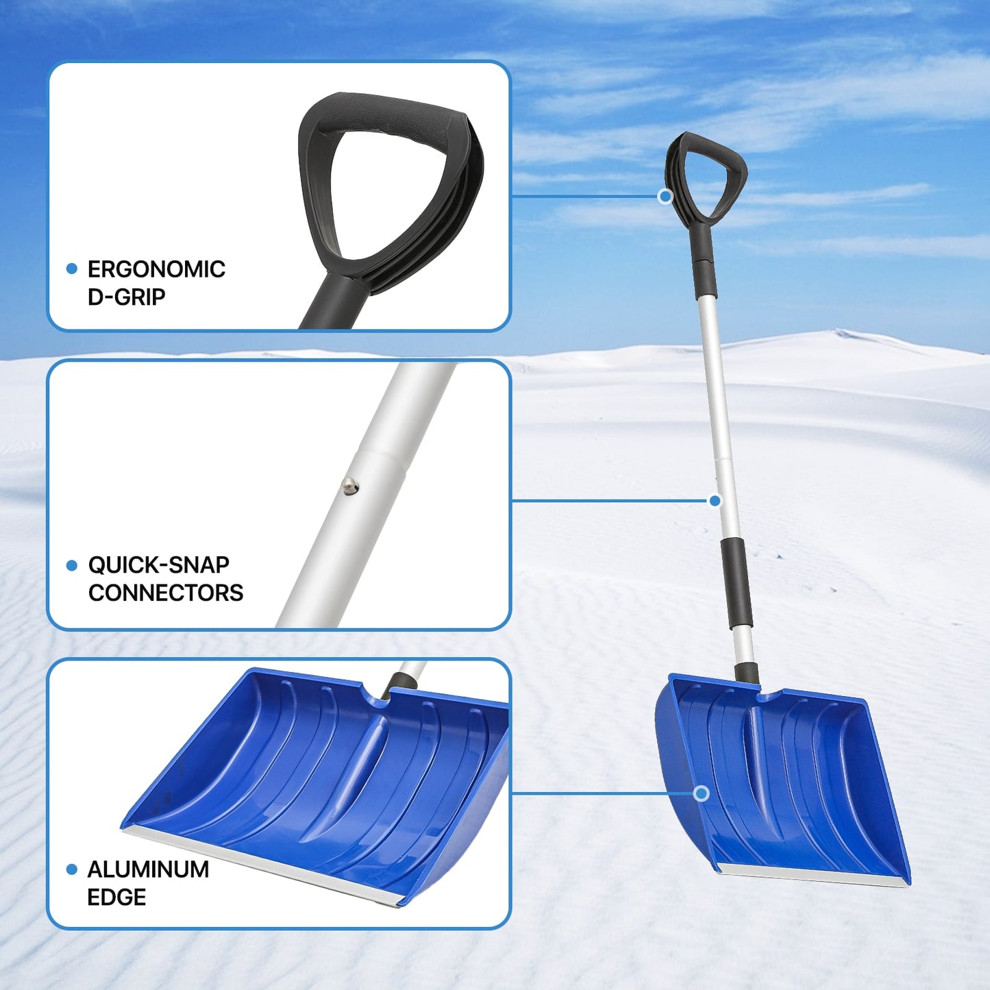 MoNiBloom Snow Shovel, Portable Wide Snow Pusher With D-Grip Handle, 16" Aluminium Snow Removal Tool For Car Outdoor Camping Garden, Blue