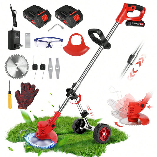 Electric Weeds Wacker With Wheels, 2000mAh 21V Battery Operated Weeds Eater Cordless, 3 In 1 Lightweight Edger Brush Cutter Weeds Trimmer, Stringless Grass Trimmer Mower W/ 2 Battery 1 Charger,Garden Tools, Gardening Tools For Garden