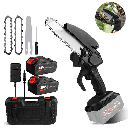 48V Mini Chain Saw With 2x12000mAh Batteries And 2 Chains, 6-Inch Cordless Handheld Chain Saw For Tree Trimming, Gardening, Wood Cutting,Garden Tools, Gardening Tools For Garden