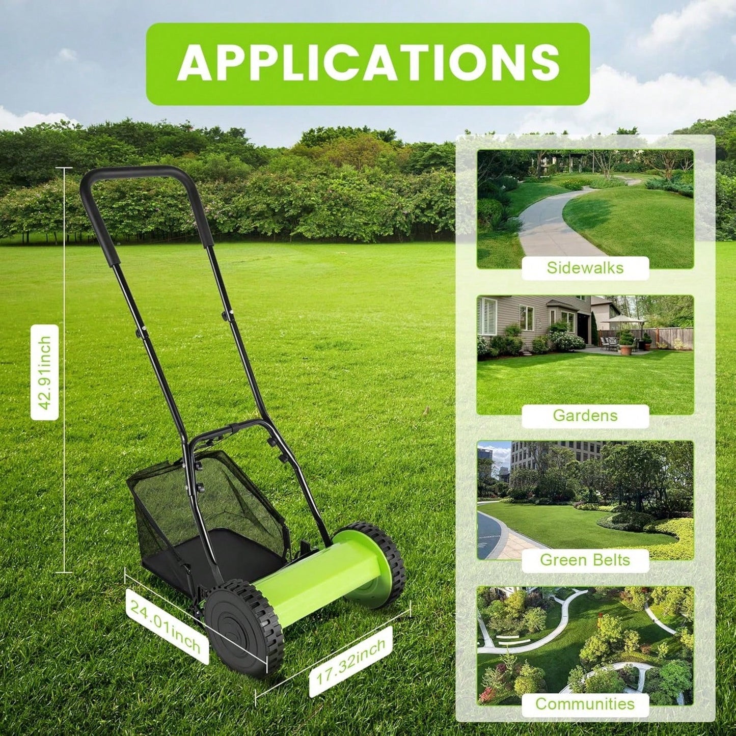 12inch 5-Blade Reel Manual Push Lawn Mower, Portable Hand-Push Lawn Sweeper With Grass Catcher And Collection Bag, 1.33'' To 2.51'' Adjustable Height, Green,Garden Tools, Gardening Tools For Garden