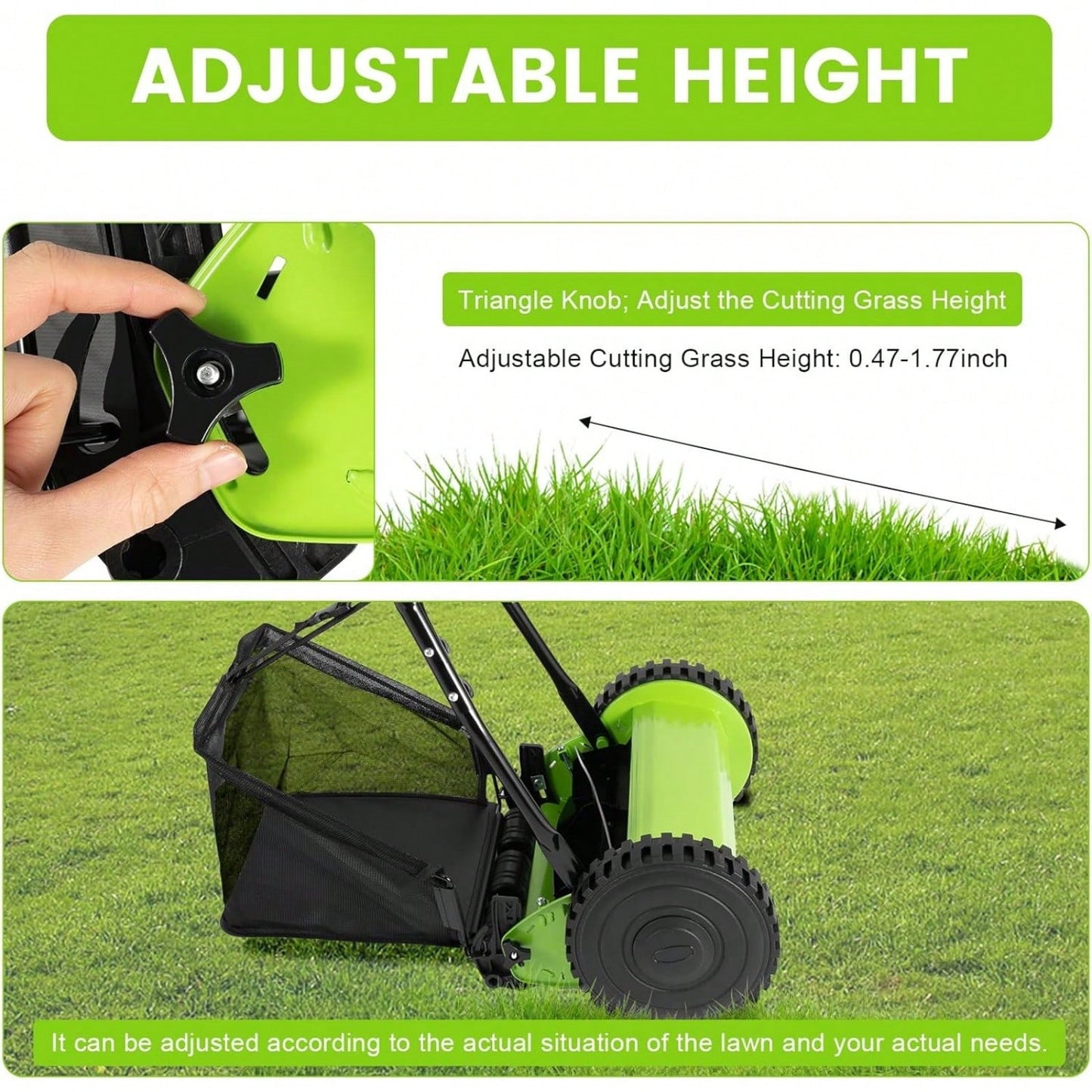 12inch 5-Blade Reel Manual Push Lawn Mower, Portable Hand-Push Lawn Sweeper With Grass Catcher And Collection Bag, 1.33'' To 2.51'' Adjustable Height, Green,Garden Tools, Gardening Tools For Garden