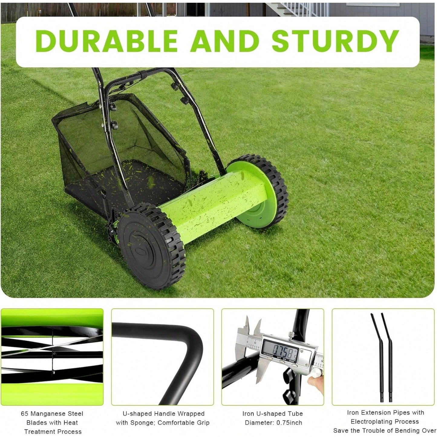 12inch 5-Blade Reel Manual Push Lawn Mower, Portable Hand-Push Lawn Sweeper With Grass Catcher And Collection Bag, 1.33'' To 2.51'' Adjustable Height, Green,Garden Tools, Gardening Tools For Garden