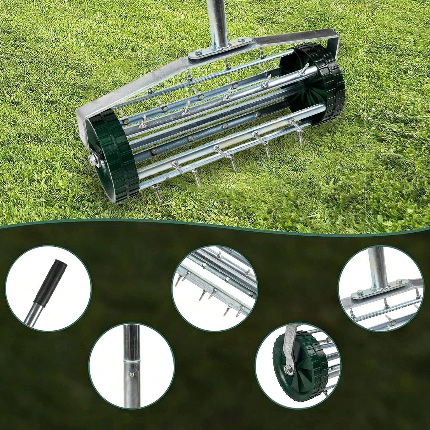 Heavy Duty Rolling Lawn Aerator,Rolling Lawn Aerator, Rotary Push Tine Spike Soil Lawn Aerator Gardening Tool With 3-Piece Long Steel Handle For Garden Yard Grass Maintenance,Garden Yard Rotary Push,Garden Tools, Gardening Tools For Garden