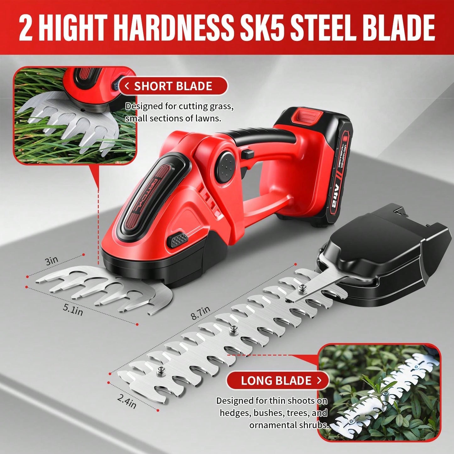 Cordless Hedge Trimmer-24V Electric Shrub Trimmer Grass Shears Handheld Grass Cutter, Hedge Shear With 2 PCS Rechargeable Battery, Charger And Toolbox To For Garden, Lawn, Red,Garden Tools, Gardening Tools For Garden