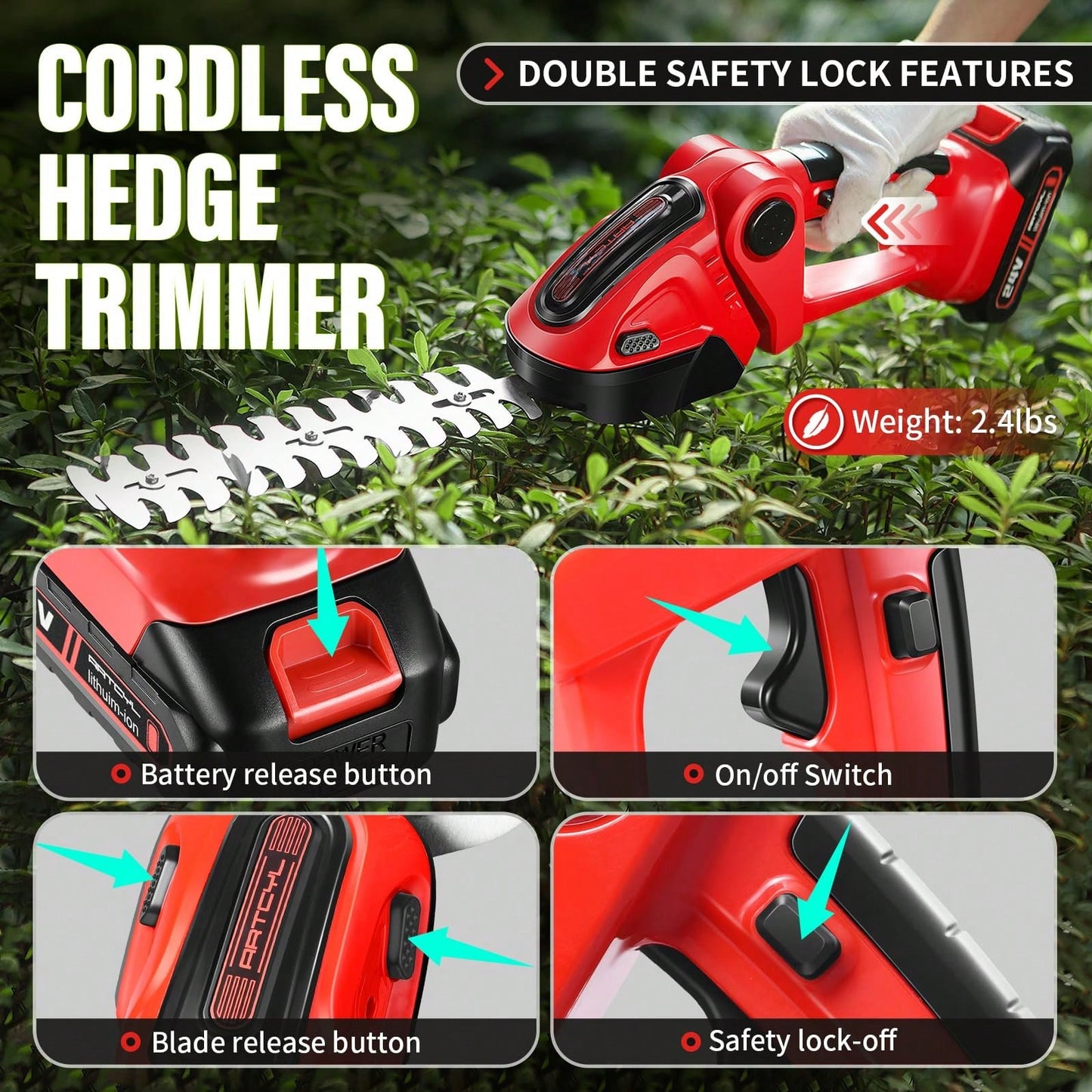 Cordless Hedge Trimmer-24V Electric Shrub Trimmer Grass Shears Handheld Grass Cutter, Hedge Shear With 2 PCS Rechargeable Battery, Charger And Toolbox To For Garden, Lawn, Red,Garden Tools, Gardening Tools For Garden