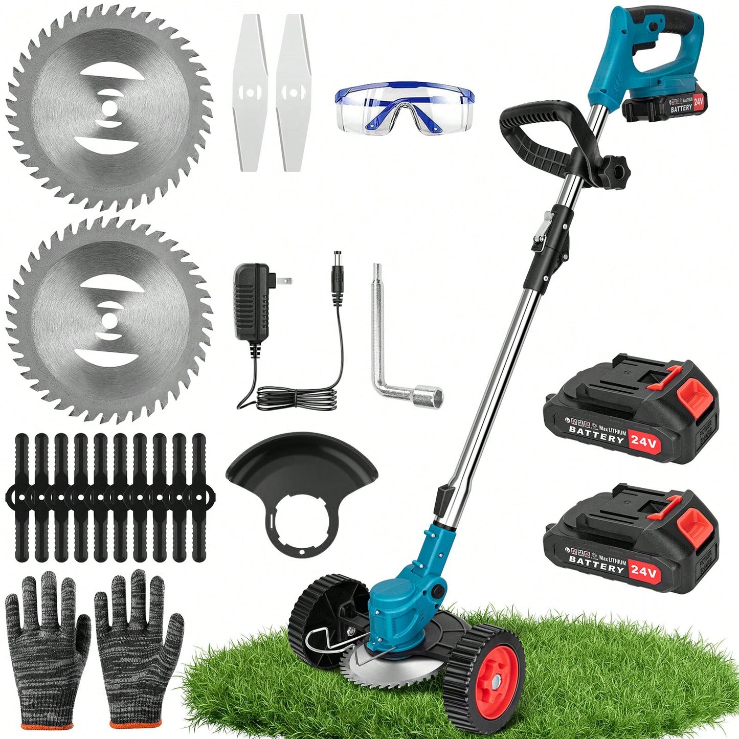 RAINBEAN Electric Grass Wacker With Fast Charger, 3-In-1 Cordless Grass Eater, Adjustable Height Brush Cutte, Cordless Grass Wacker With 2 Batteries 1 Charger And 16 Cutting Blades For Lawn Yard Garden,Garden Tools