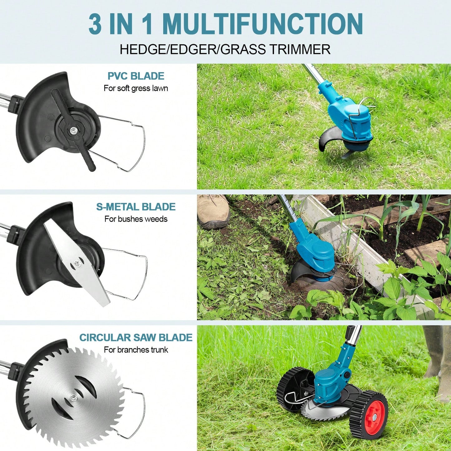 RAINBEAN Electric Grass Wacker With Fast Charger, 3-In-1 Cordless Grass Eater, Adjustable Height Brush Cutte, Cordless Grass Wacker With 2 Batteries 1 Charger And 16 Cutting Blades For Lawn Yard Garden,Garden Tools