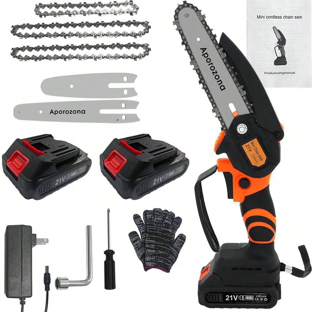 Mini Chainsaw,6 Inch Portable Electric Chainsaw Cordless, Small Handheld Chain Saw For Tree Branches,Courtyard, Household And Garden,By 2PCS 21V 1500mAh Batteries,Extra 3 PCS Chain,Orange