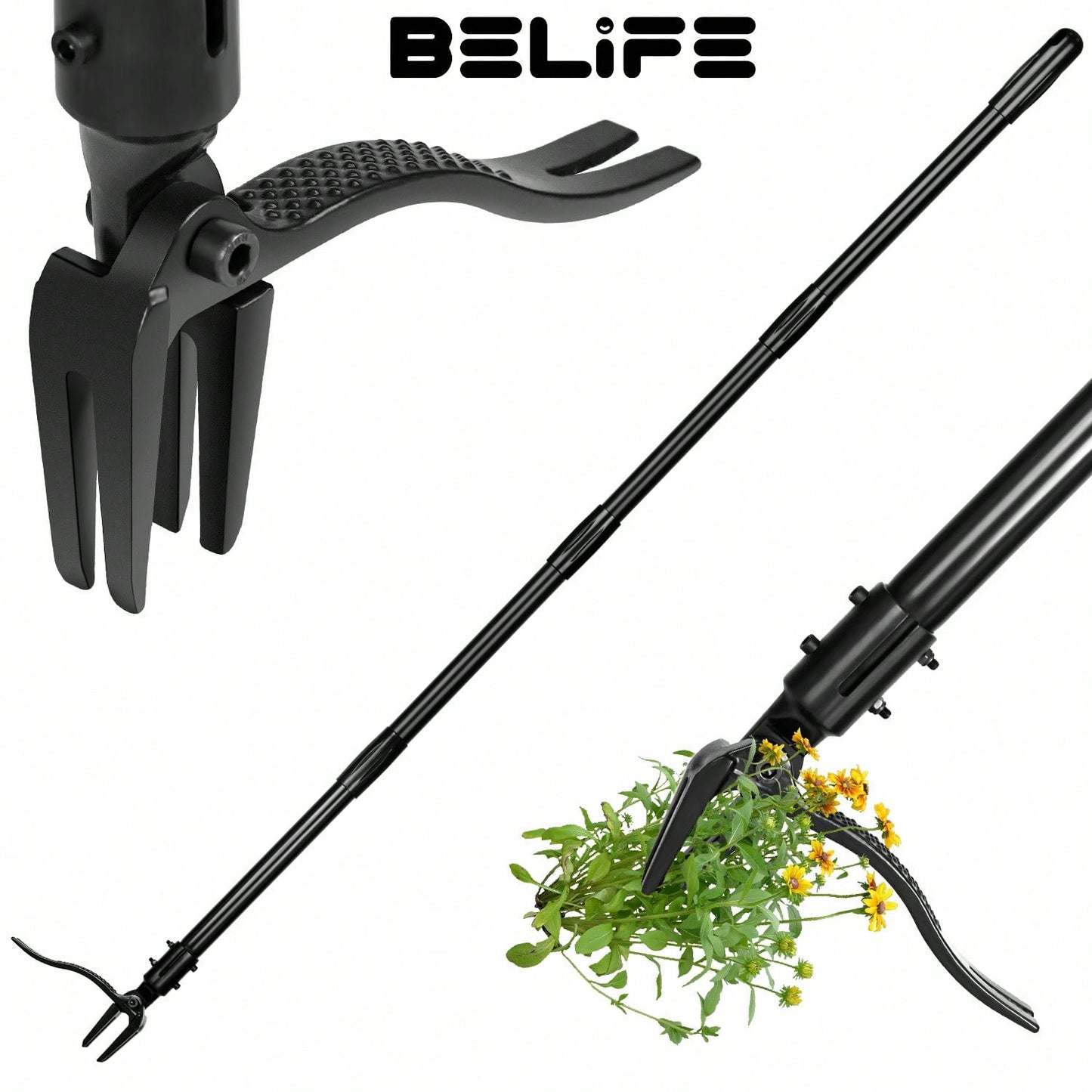 Belife Belife Weeder Puller Tool, 4 Claw Head Design For Stand Up Weeds Puller With 50" Long Handle, 3 Section Design Suitable For People Of Different Heights Garden Tools, Remove Weeds Easily