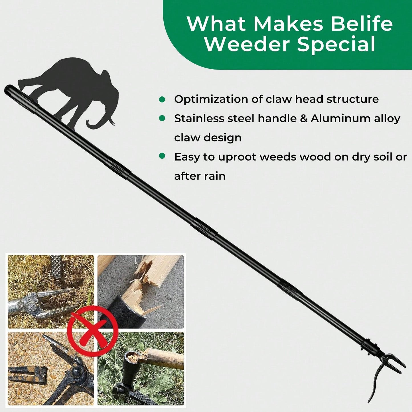 Belife Belife Weeder Puller Tool, 4 Claw Head Design For Stand Up Weeds Puller With 50" Long Handle, 3 Section Design Suitable For People Of Different Heights Garden Tools, Remove Weeds Easily