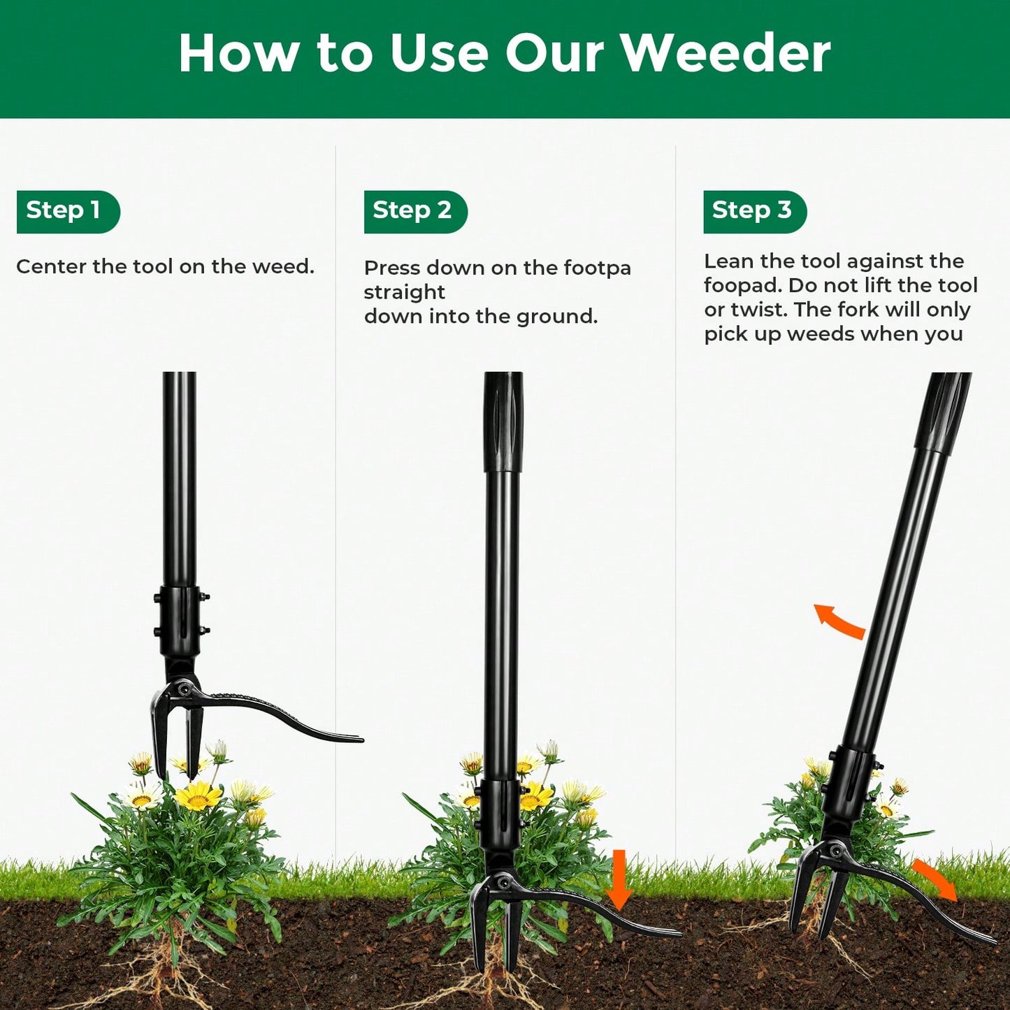 Belife Belife Weeder Puller Tool, 4 Claw Head Design For Stand Up Weeds Puller With 50" Long Handle, 3 Section Design Suitable For People Of Different Heights Garden Tools, Remove Weeds Easily