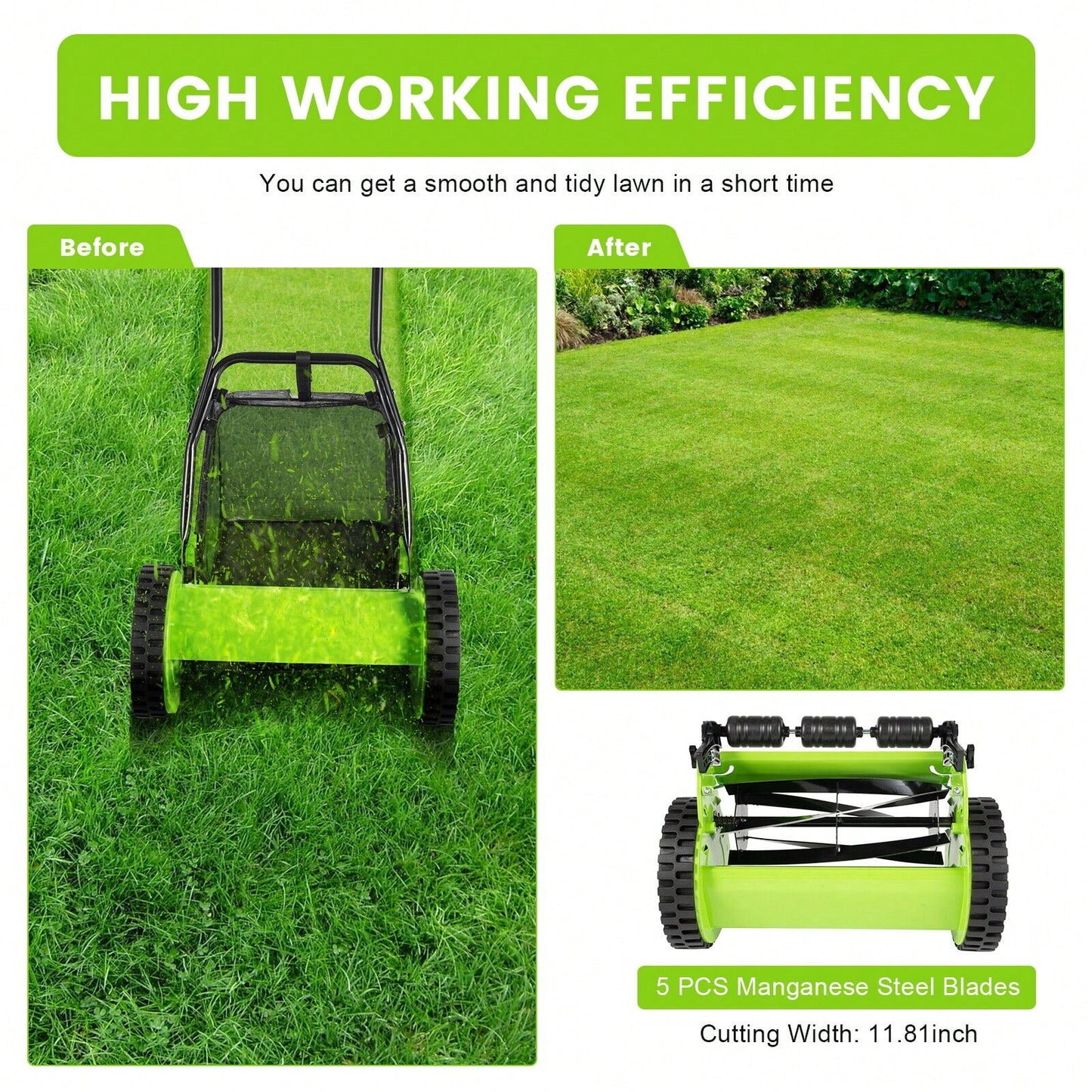 Manual Lawn Mower 5-Blade Push Reel Lawn Mower With Grass Catcher, Wheeled Reel Push Walk Behind Adjustable Height Lawn Mowers