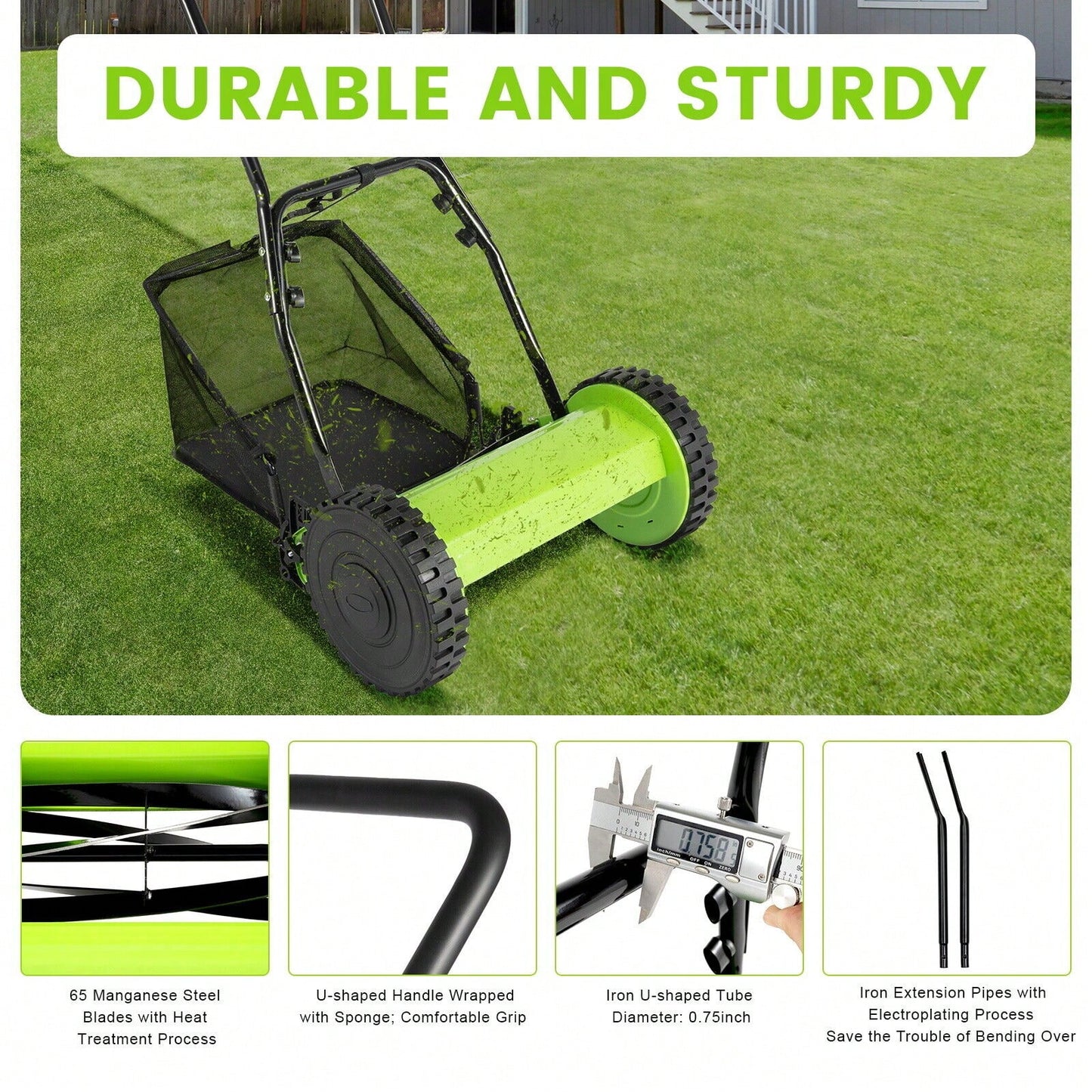 Manual Lawn Mower 5-Blade Push Reel Lawn Mower With Grass Catcher, Wheeled Reel Push Walk Behind Adjustable Height Lawn Mowers