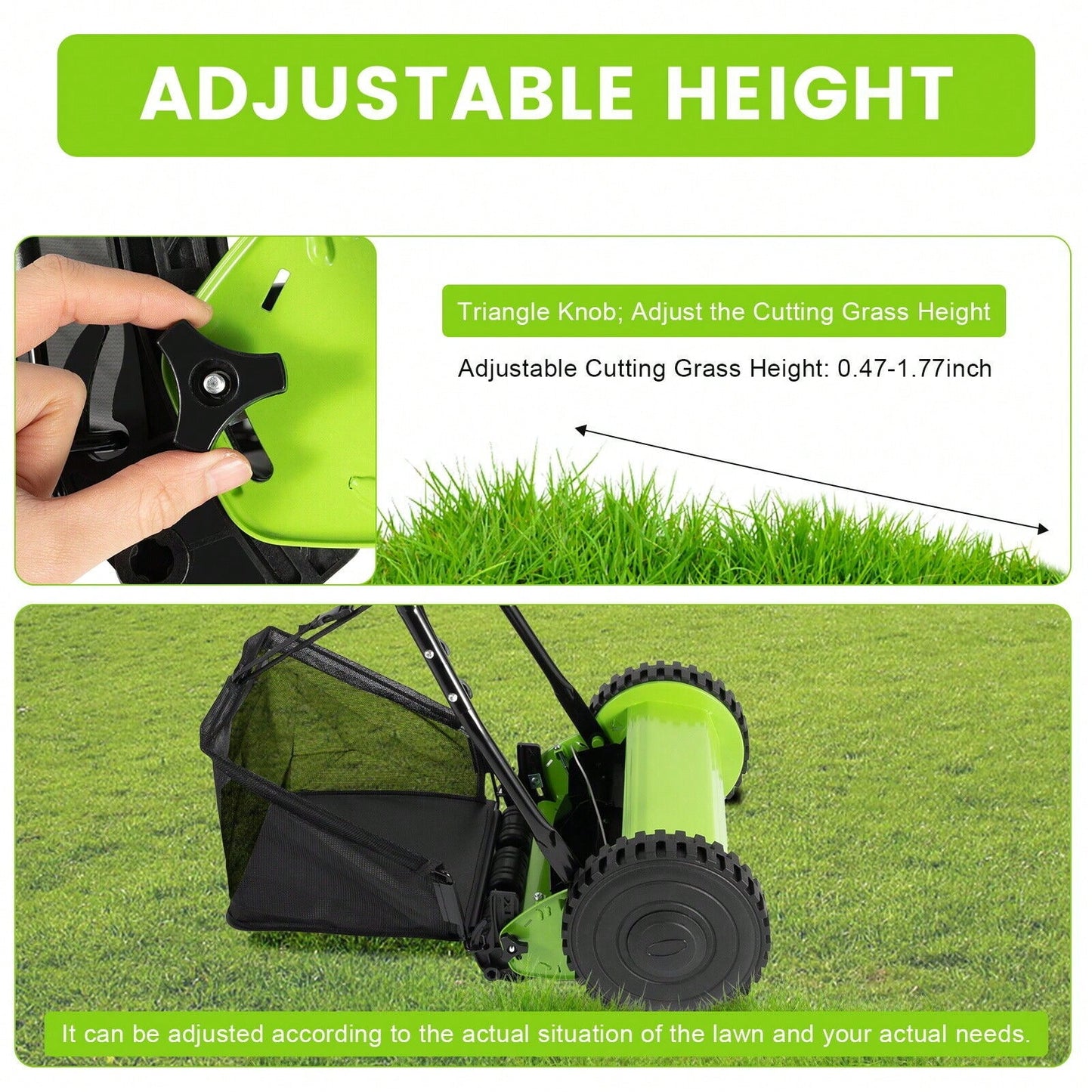 Manual Lawn Mower 5-Blade Push Reel Lawn Mower With Grass Catcher, Wheeled Reel Push Walk Behind Adjustable Height Lawn Mowers