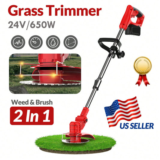 Cordless Weeds Eater Electric Brush Cutter Lawn Edger Grass String Trimmer 21V 650W Cordless Weedwacker Lawn Grass Edger Adjustable Handle String Trimmerw/Wheels + 2 * 2000mAh Battery