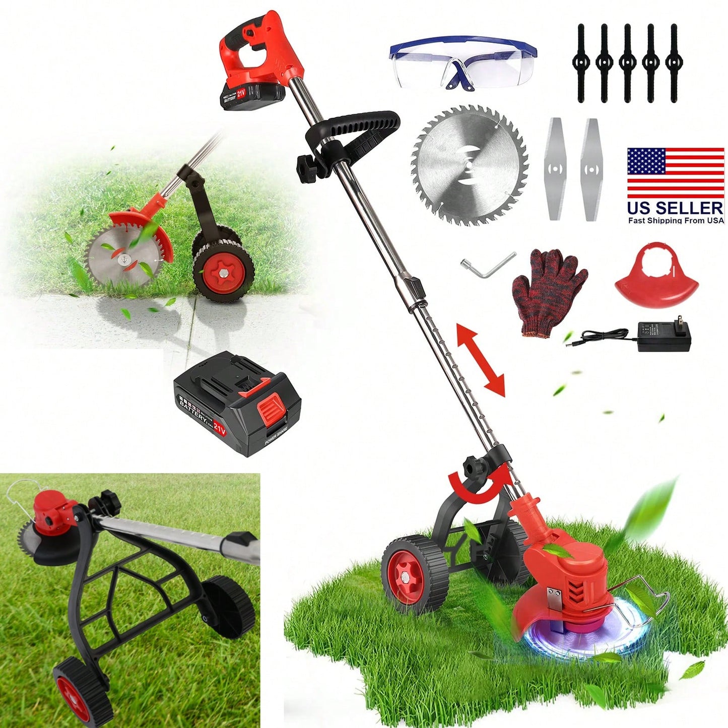 21V Cordless Weeds Eater Electric Brush Cutter Lawn Edger Grass String Trimmer Electric Cordless Grass String Trimmer Lawn Edger Weeds Wacker Cutter +1/2 Battery 21V 1500mAh 1 Charger Telescopic Rod Anti-Slip Handle Trimmer Cordless Electric Lawn Eater Ed