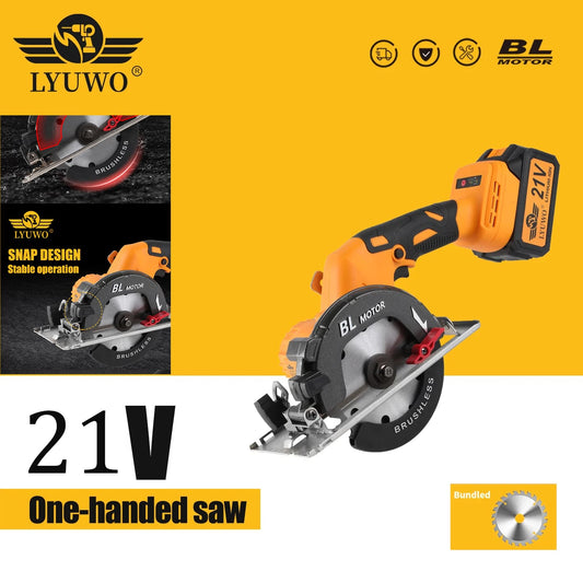 LYWO Brushless Lithium Battery Circular Saw Woodworking Handheld Saw Multifunctional Cutting Machine, 140mm Saw Blade, High-Power Woodworking Handheld Lithium Battery Single Hand Saw Cutting Machine, Large Capacity Battery, 45 Degree Oblique Cut, Adjustab