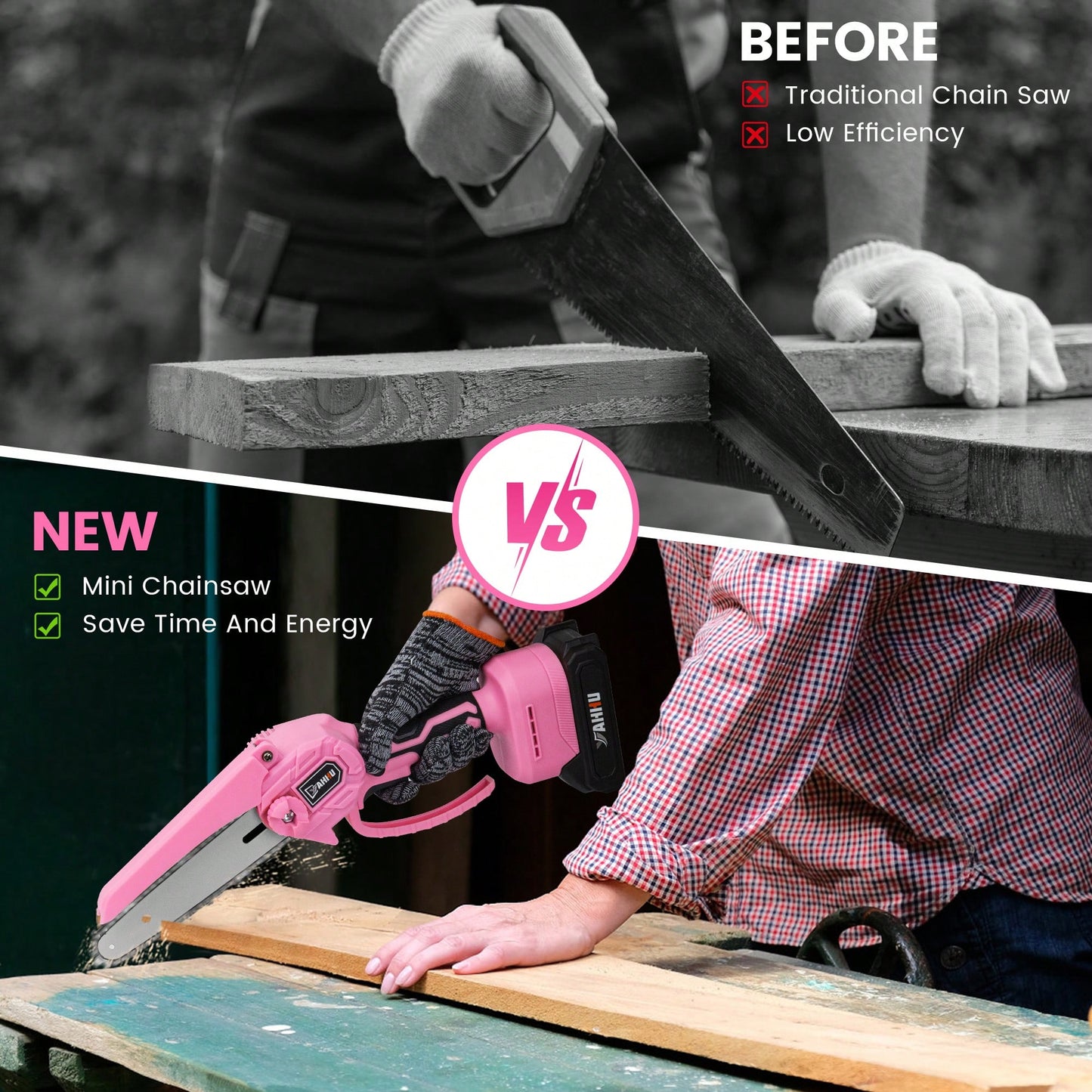 6 Inch Lovely Pink Mini Chainsaw, Portable Handheld Electric Cordless Chainsaw,21V Battery,Garden Tools