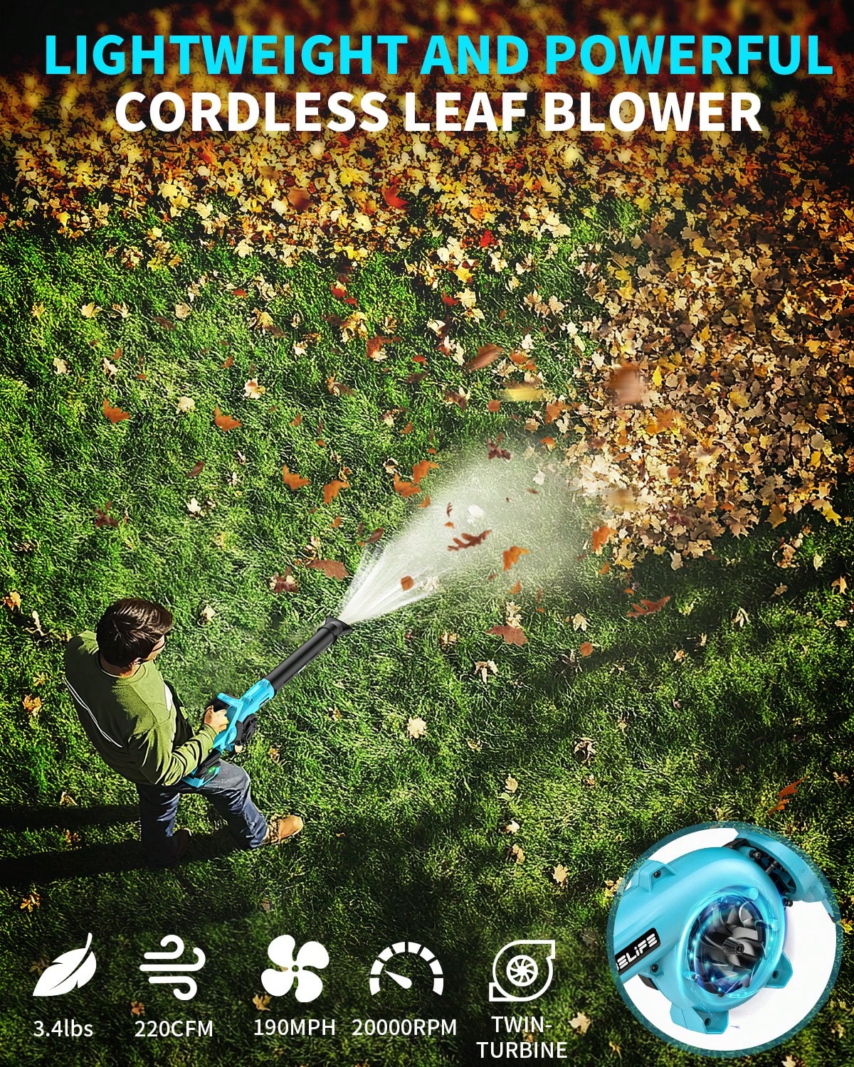 Belife Belife L8 Cordless Leaf Blower, 21V Electric Mini Leaf Cleaner With 4.0Ah Battery & Charger, 190MPH/220CFM, 3 Speed & 3 Nozzles, 20000RPM Lightweight Battery Powered Handheld Small Blower For Patio Yard Lawn Care Snow Dust Blowing,Garden Tools