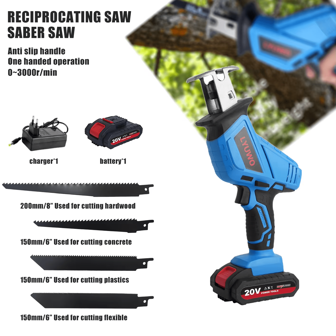 LYUWO Electric Tools, Reciprocating Saws, Hand Saws, Rechargeable Lithium Battery Electric Saws, Small Household Electric Saws, Lightweight, Easy To Use, Effortless, Equipped With Large Capacity Batteries And Free Parts.,Garden Tools