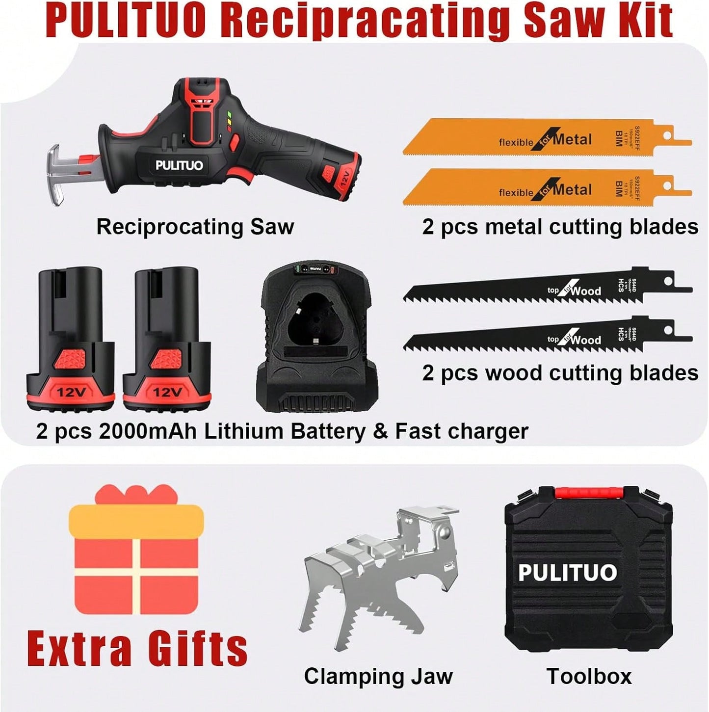 PULITUO Reciprocating Saw Cordless, Power Reciprocating Saws Compact Design,Including 2pcs 2000mAh Li-Ion Battery, 1-Hour Fast Charger, Clamp Jaw, 4pcs Of Saw Blades For Wood/Metal/PVC