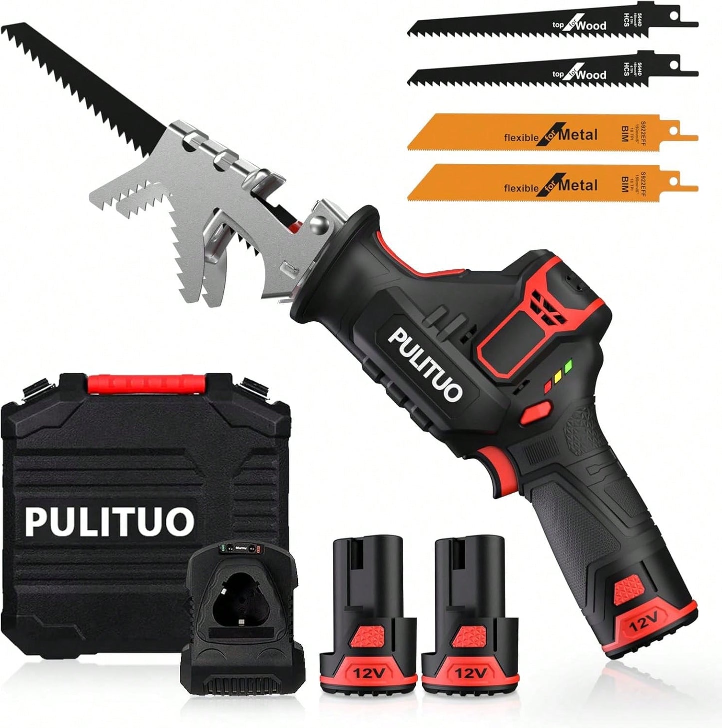 PULITUO Reciprocating Saw Cordless, Power Reciprocating Saws Compact Design,Including 2pcs 2000mAh Li-Ion Battery, 1-Hour Fast Charger, Clamp Jaw, 4pcs Of Saw Blades For Wood/Metal/PVC