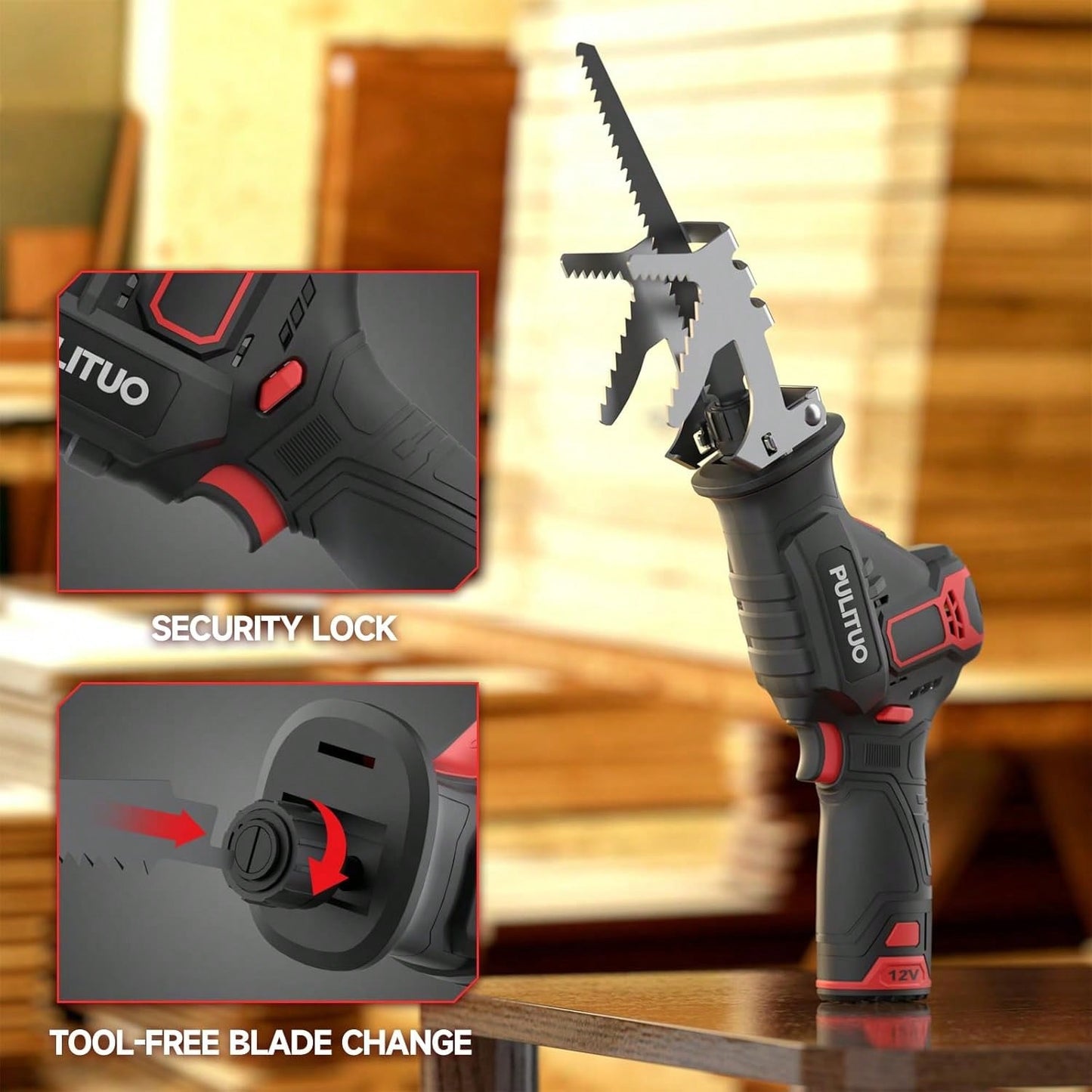 PULITUO Reciprocating Saw Cordless, Power Reciprocating Saws Compact Design,Including 2pcs 2000mAh Li-Ion Battery, 1-Hour Fast Charger, Clamp Jaw, 4pcs Of Saw Blades For Wood/Metal/PVC