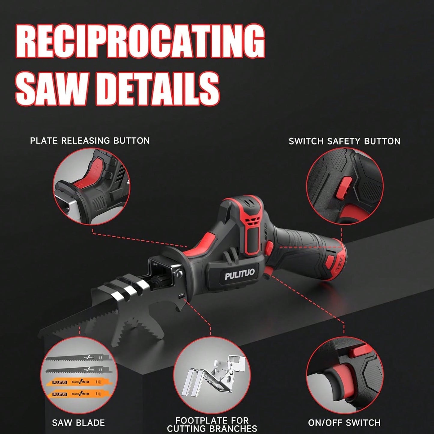 PULITUO Reciprocating Saw Cordless, Power Reciprocating Saws Compact Design,Including 2pcs 2000mAh Li-Ion Battery, 1-Hour Fast Charger, Clamp Jaw, 4pcs Of Saw Blades For Wood/Metal/PVC