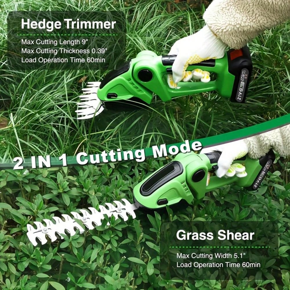 TQUAGGA 2-In-1 Handheld Hedge Trimmer, Cordless Grass Shear, 21V Electric Grass Trimmer & Shrubbery Trimmer, Battery Operated Hedge Trimmer For Garden/Lawn With Battery And Charger