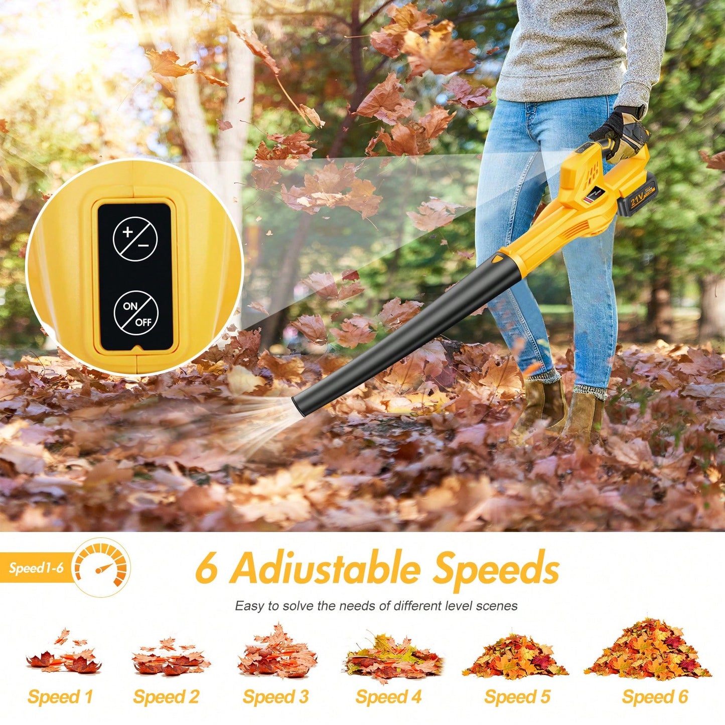 Leaf Blower, 150MPH High Wind Speed Cordless Leaf Blower With 1.5Ah Battery & Fast Charger, 6 Speed Mode, 21V Portabl Electric Leaf Cleaner Blowers For Cleaning Patio, Yard, Sidewalk,Yellow,Green,Garden Tools