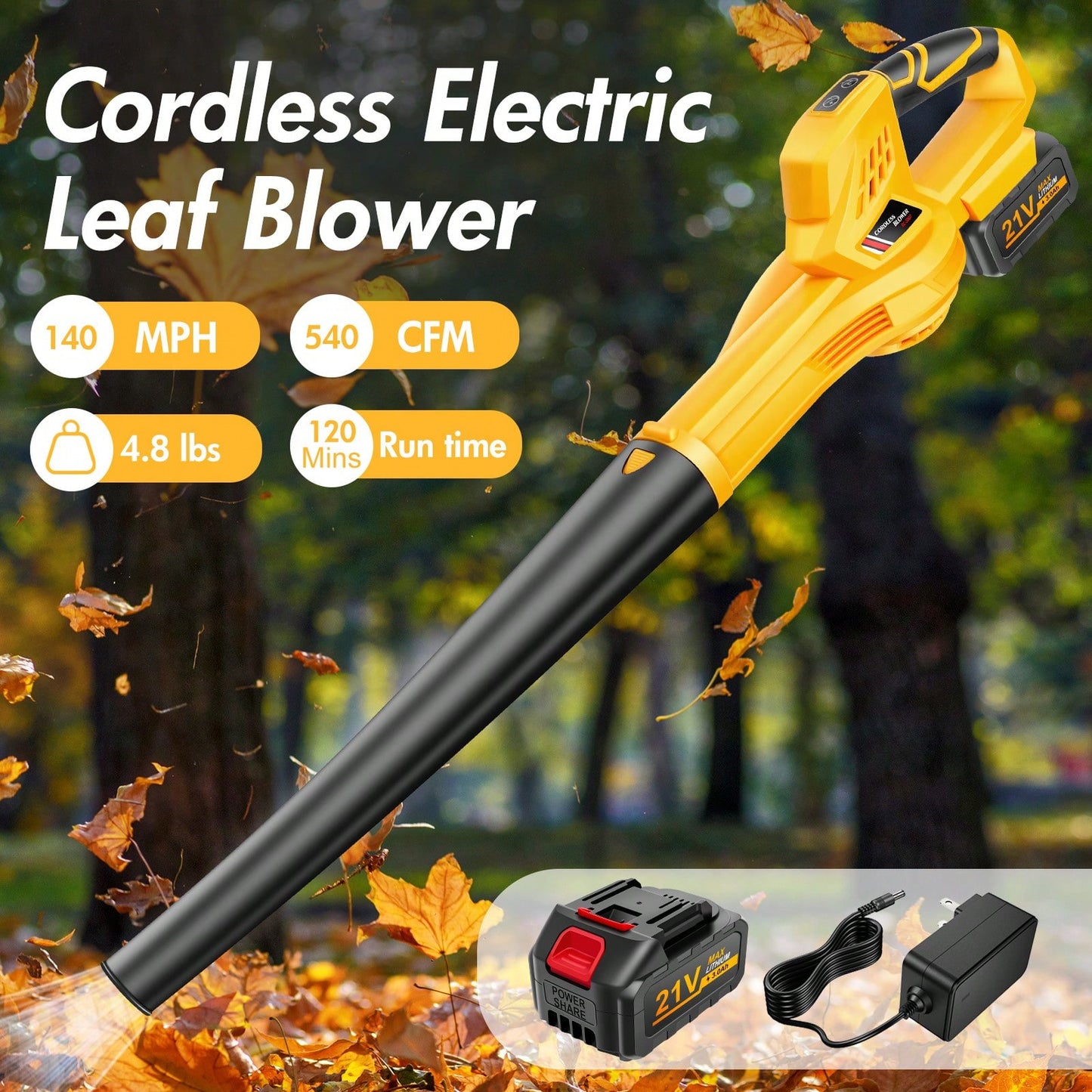 Leaf Blower, 150MPH High Wind Speed Cordless Leaf Blower With 1.5Ah Battery & Fast Charger, 6 Speed Mode, 21V Portabl Electric Leaf Cleaner Blowers For Cleaning Patio, Yard, Sidewalk,Yellow,Green,Garden Tools