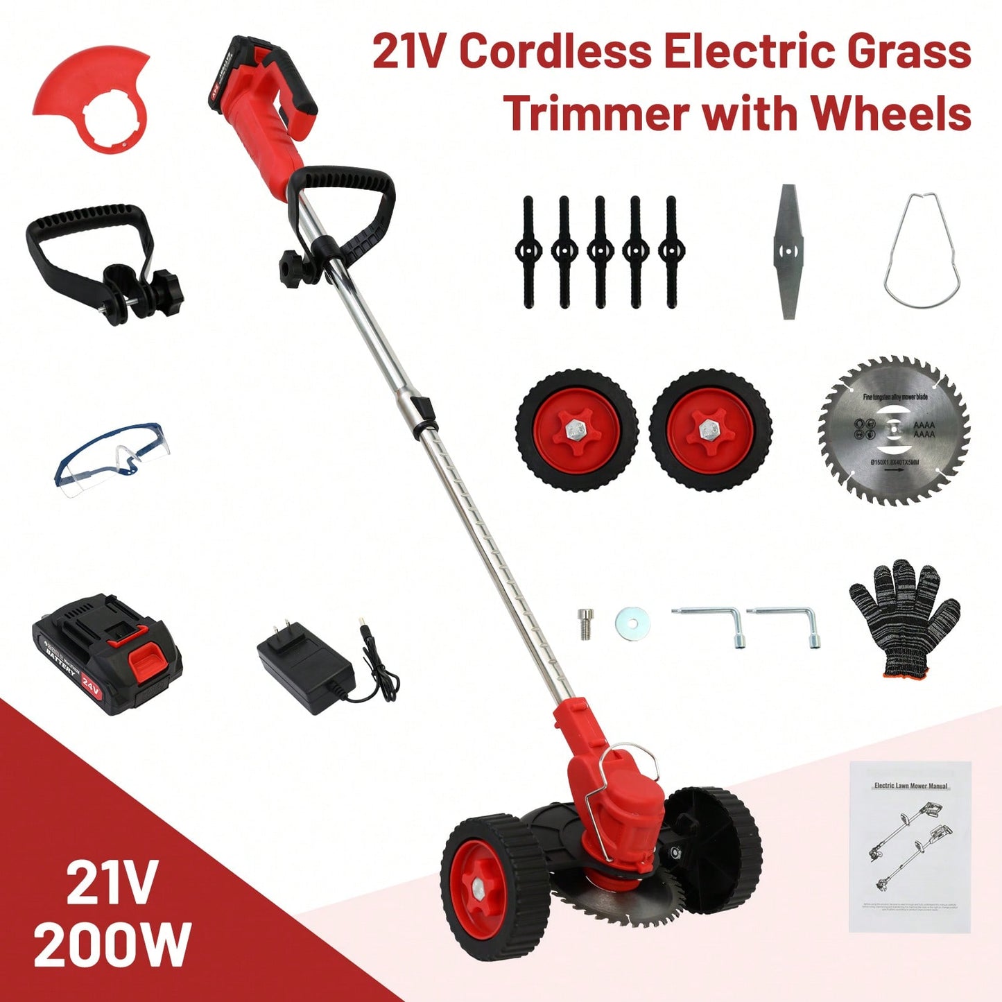 Cordless Weeds Eater Electric Brush Cutter Lawn Edger Grass String Trimmer 21V 650W Cordless Weedwacker Lawn Grass Edger Adjustable Handle String Trimmerw/Wheels + 2 * 2000mAh Battery