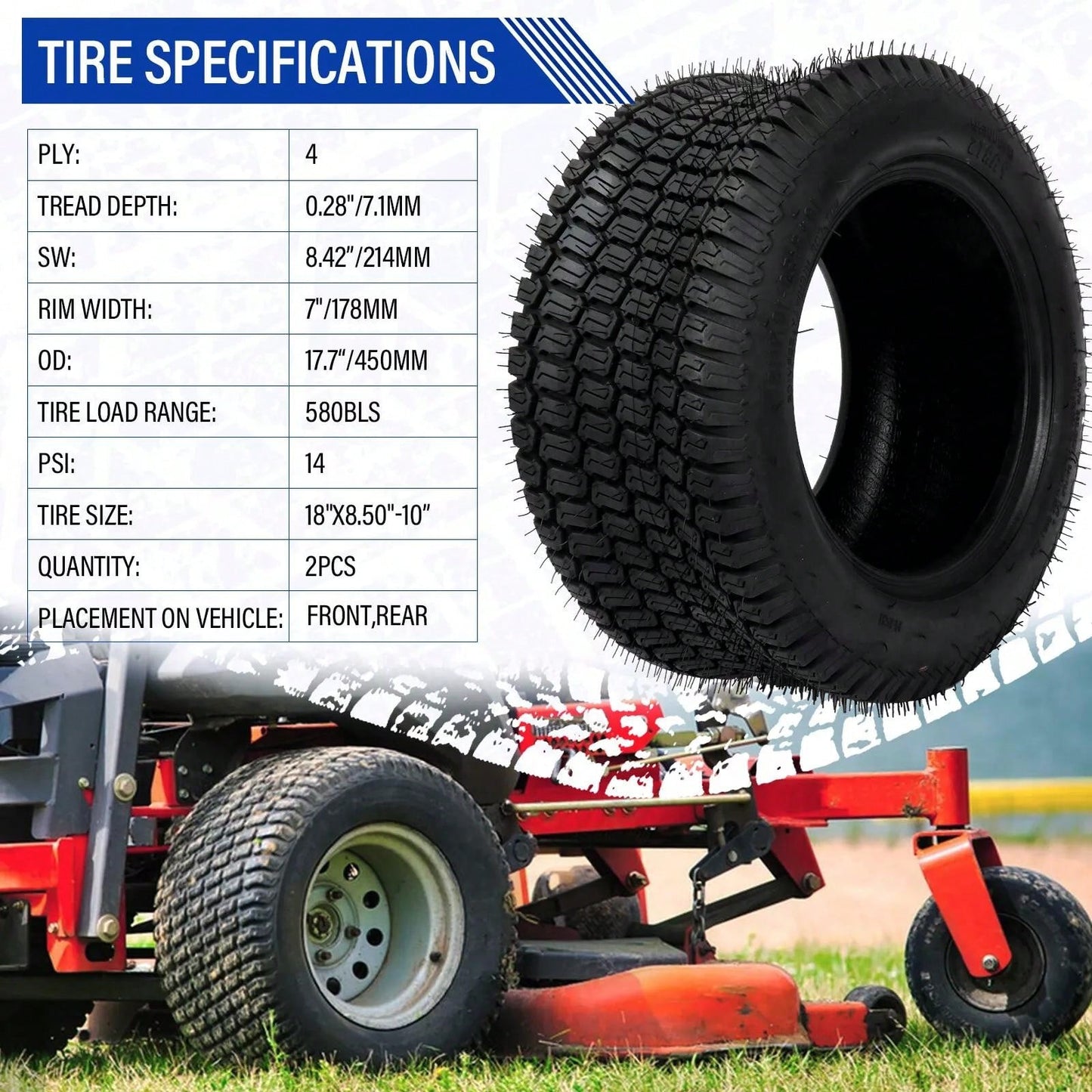 Set Of 2 18x8.50-10 Lawn Mower Tractor Turf Tires 4PR 18x8.5-10 Tubeless 780Lbs