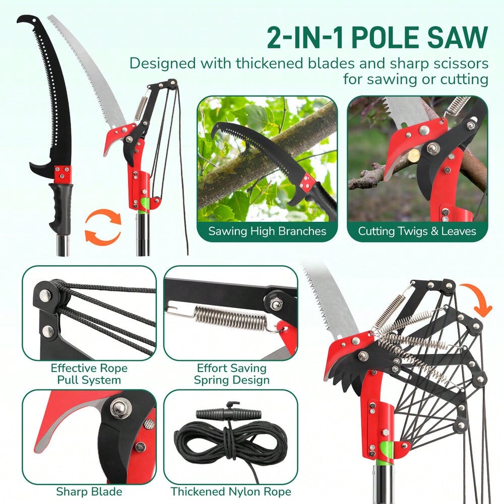 26ft Tree Pole Pruner Manual Pole Saw Tree Scissor Cutter Yard Garden Tool W/Bag,Garden Tools