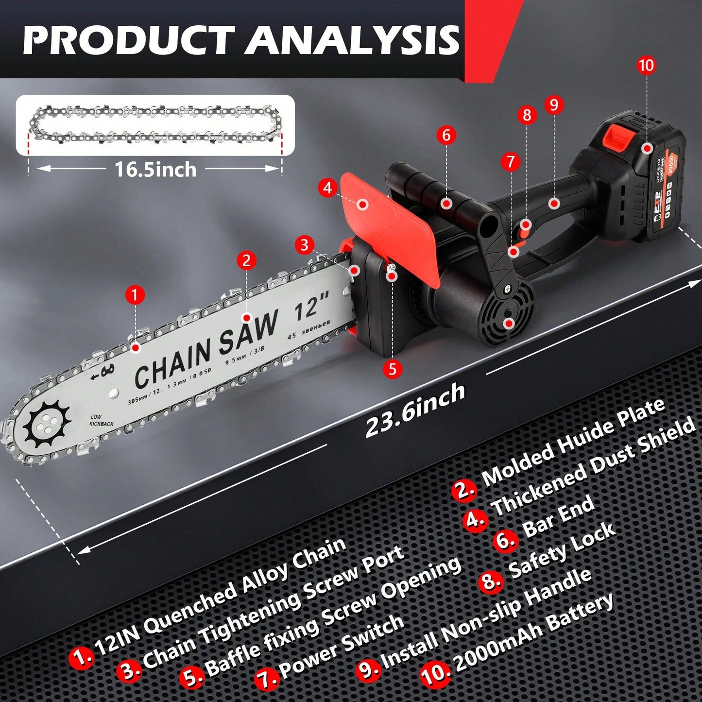 RELOIVE 12" Cordless Electric Chainsaw, 950W Brushless Motor Chain Saw Kit With 2pcs*2000Ah Battery For Wood-Cutting