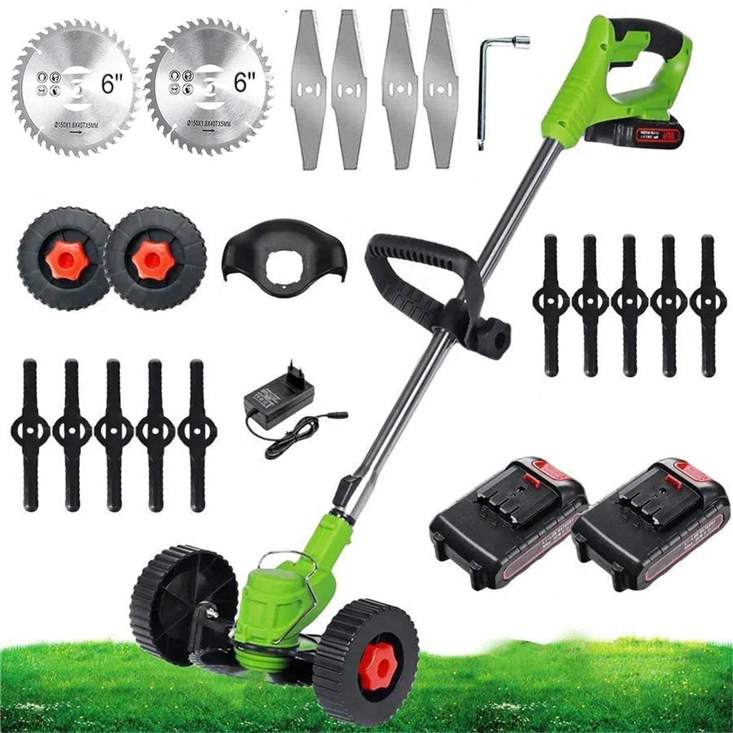 Cordless Weeds Eater Electric Brush Cutter Lawn Edger Grass String Trimmer 21V 650W Cordless Weedwacker Lawn Grass Edger Adjustable Handle String Trimmerw/Wheels + 2 * 2000mAh Battery