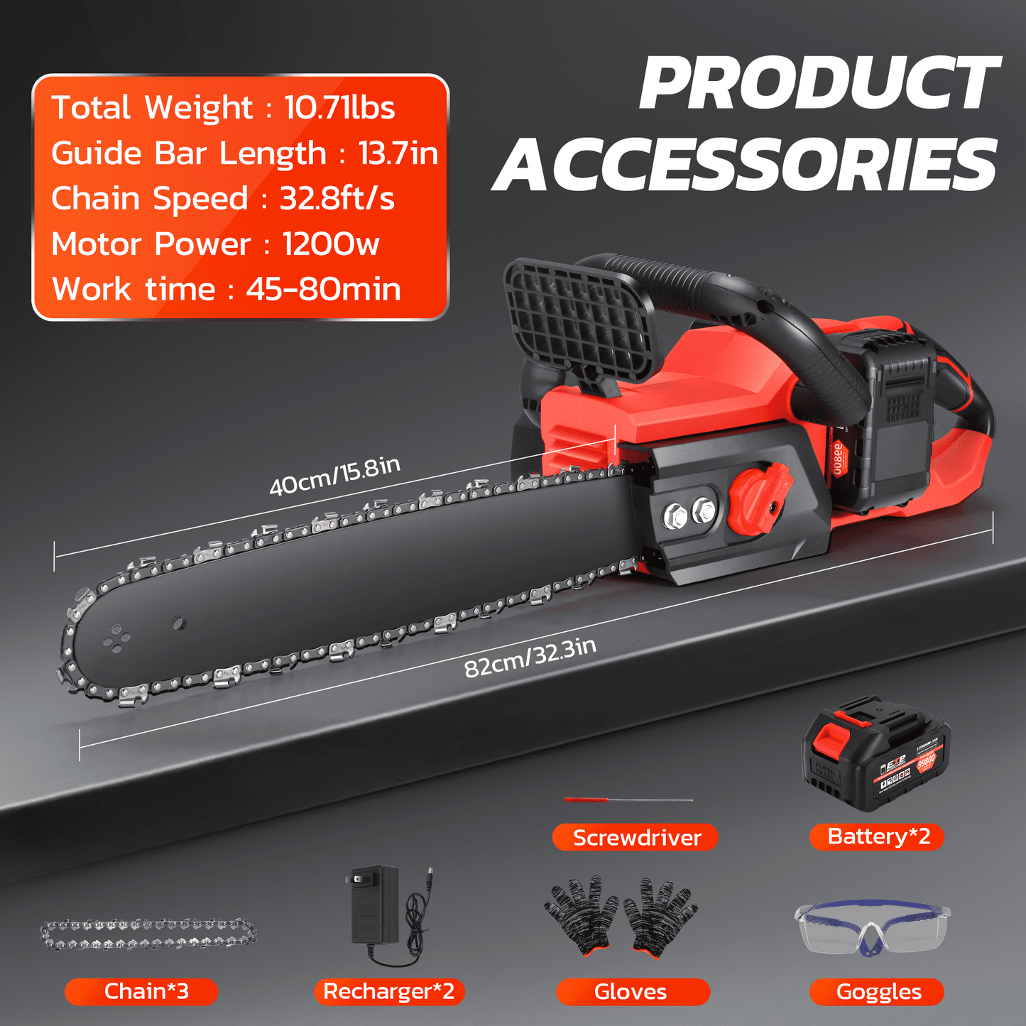 RELOIVE 16-Inch 42V Battery-Powered Brushless Cordless Chainsaw Kit With 2x2000mAh Batteries, 3 Chains & Dual Chargers