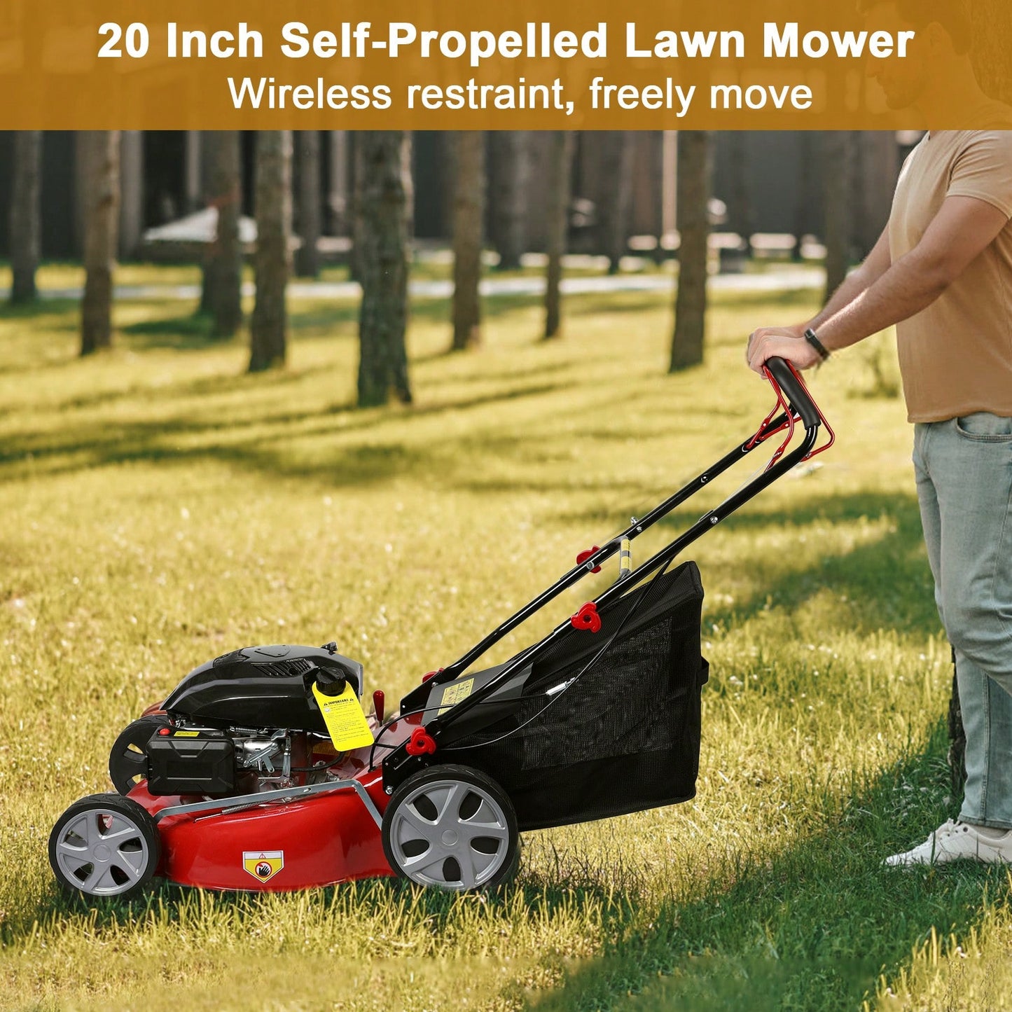 Lawn Mower, Self Propelled Lawn Mower, 141cc Gas Engine Lawn Mower, Push Lawn Mower With 50L Grass Tank, Big Wheels