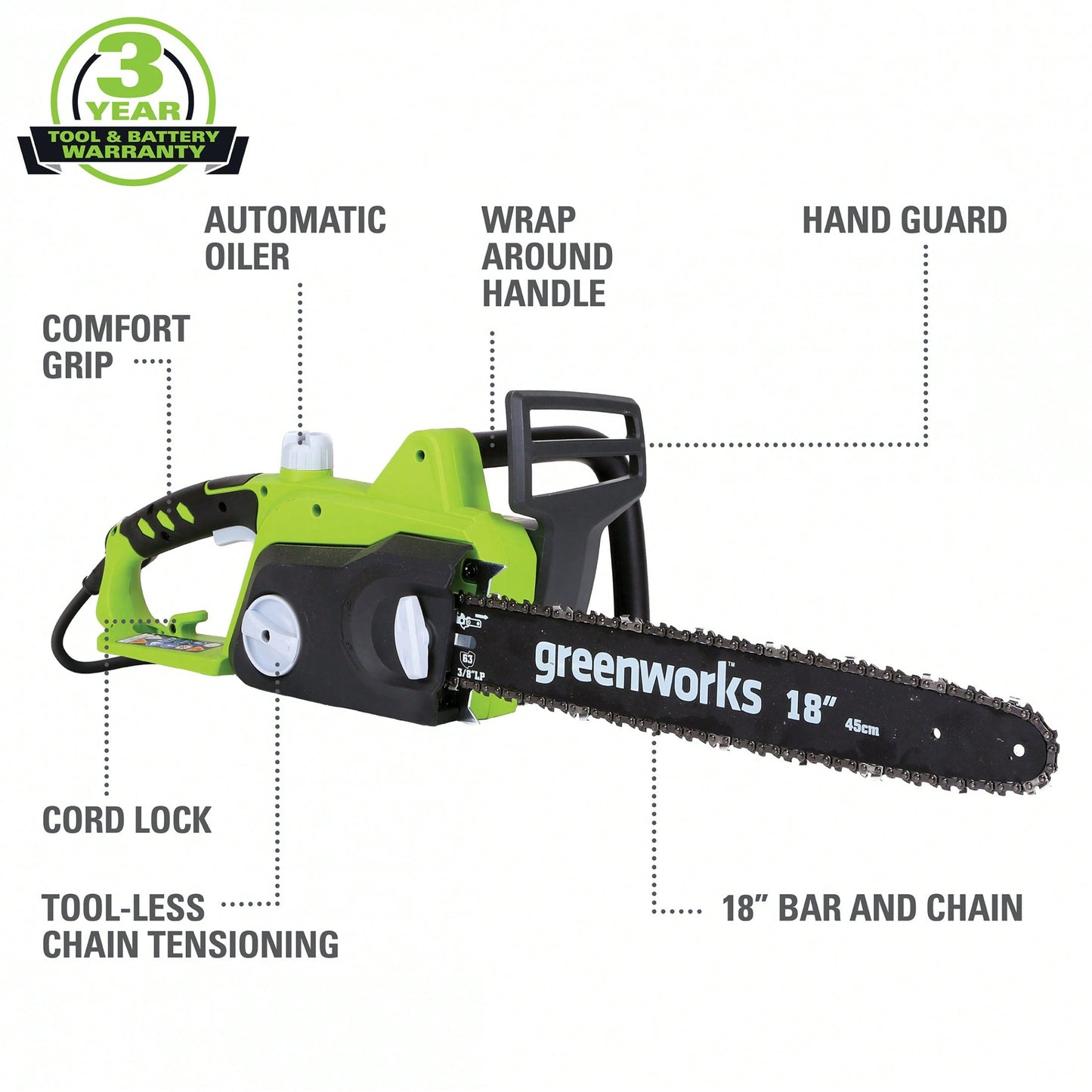 Greenworks 14.5 Amp 18" Corded Electric Chainsaw 20332