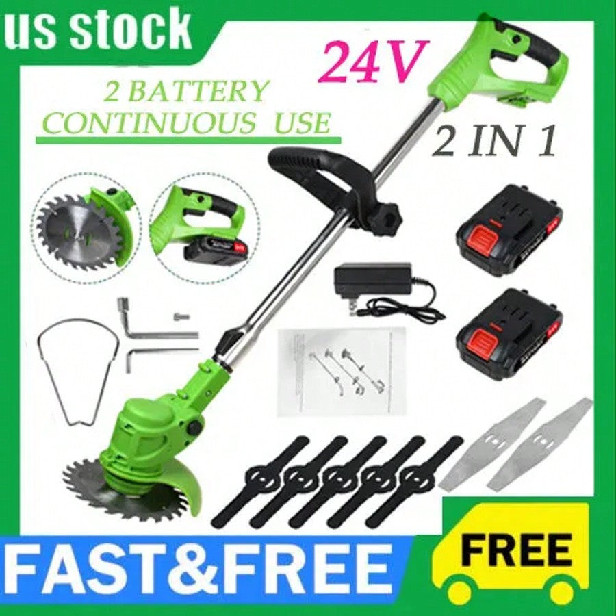 Electric Cordless Grass String Trimmer Lawn Edger Weeds Wacker Cutter +2 Battery 24V 7000mAh 1 Charger Telescopic Rod Anti-Slip Handle Trimmer Cordless Electric Lawn Eater Edger 650W/100W