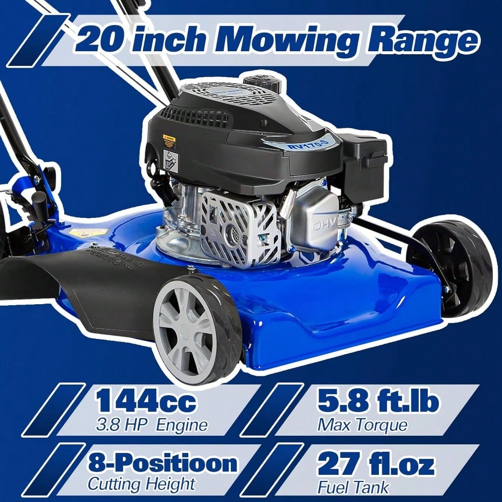 Gas Lawn Mower 20 Inch, 144cc 4-Cycle OHV Engine Lawnmower, 8 Adjustable Cutting Heights Push Mowers For Lawn, Yard And Garden