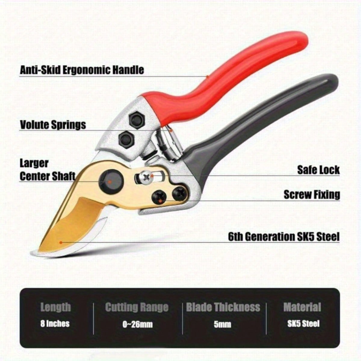 8-Inch Pruning Shears, Premium Bypass Gardening Scissors Secateurs With Ergonomic Handle, Hand Pruner Branch Clippers