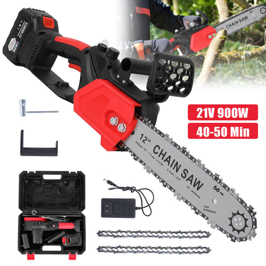 12" Electric Chainsaw Cordless Handheld Chain Saw Wood Cutter + Battery 2 Chains