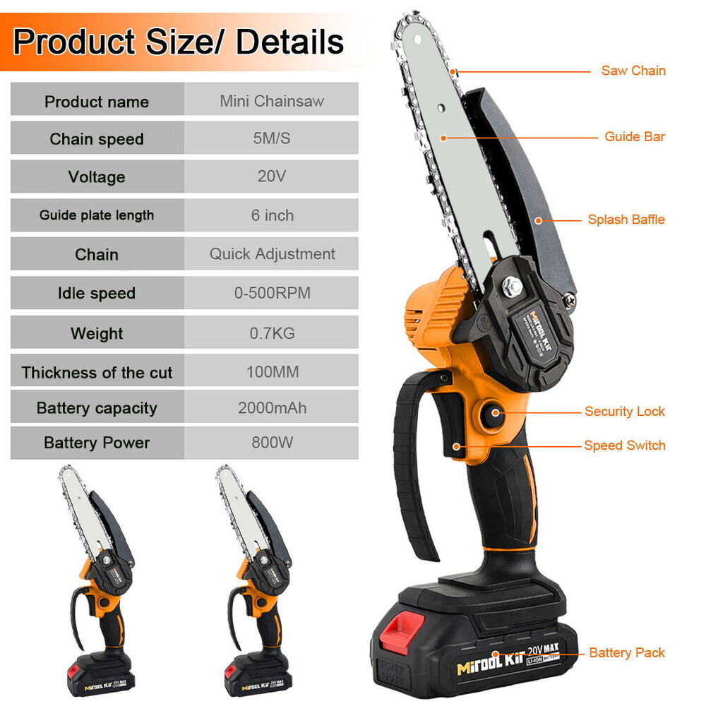 6inch Electric Mini Chainsaw 20V Handheld Cordless Wood Cutter W/Battery 2 Chain