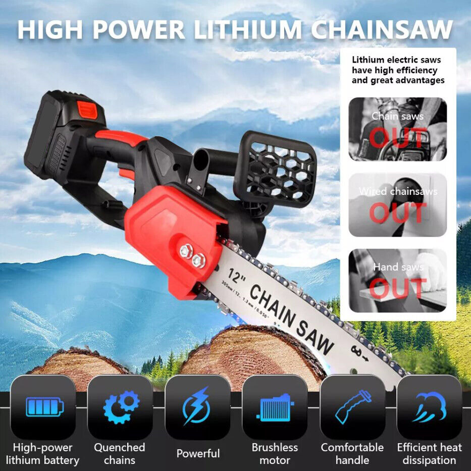 12" Cordless Chainsaw 21V Brushless Electric Handheld Chain Saw w/Battery&Charge