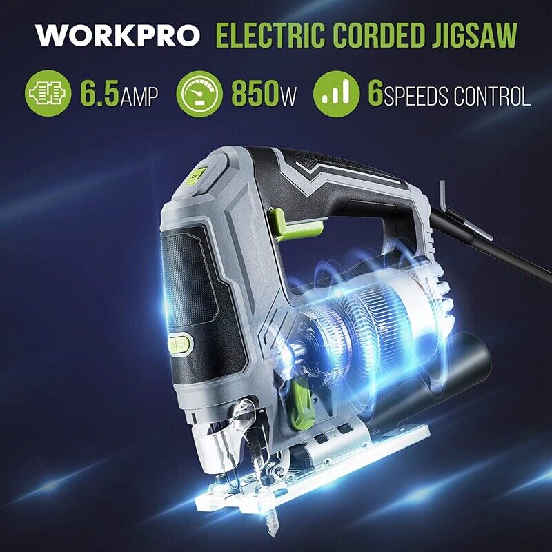 WORKPRO Jigsaw 6.5AMP 850W Corded Electric Jig Saw Tool Kit 6 Speed w/7PC Blades